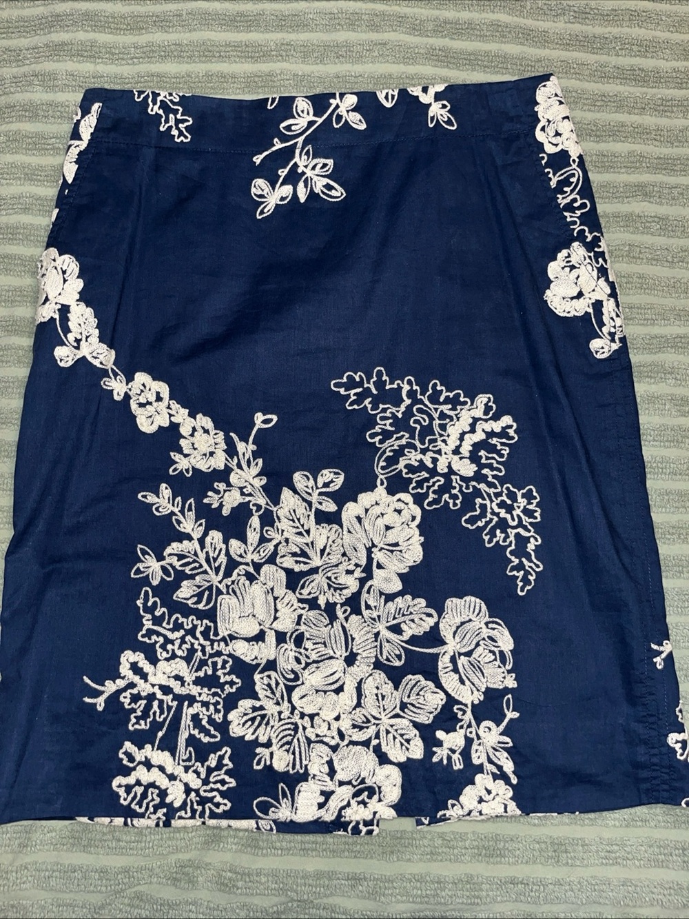 J. Crew Navy Blue Pencil Skirt with ivory Floral Embroidery